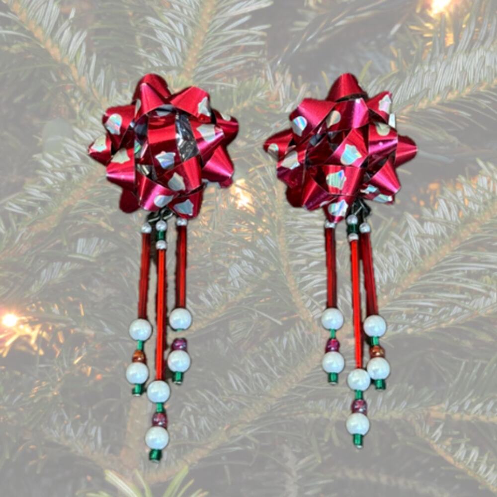 Vintage Signed Red Christmas Gift Bow Beaded Dangle Earrings